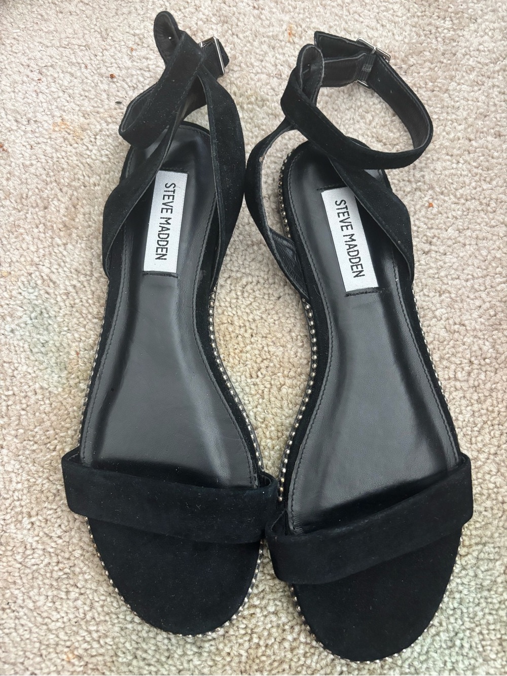 Steve Madden Black Suede Ankle-Strap Flat Sandals with Rhinestone Trim